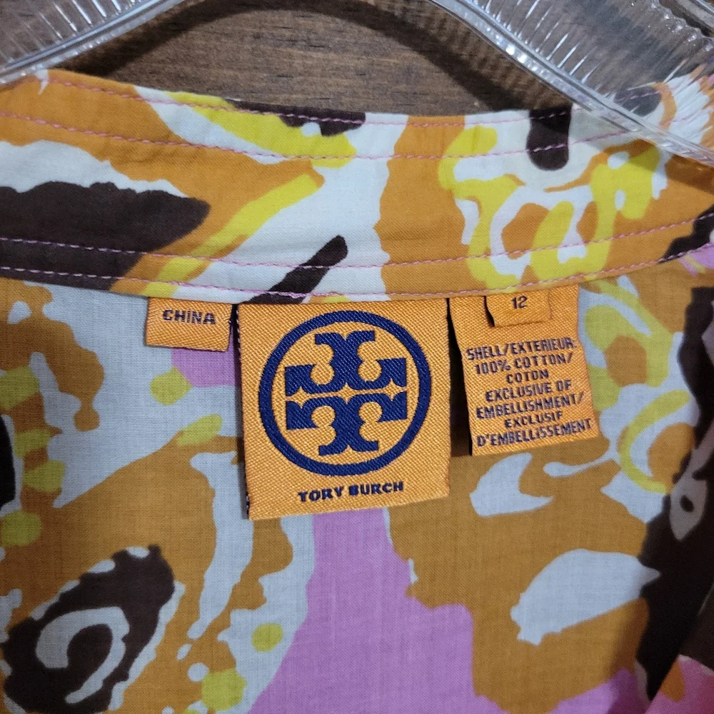 Tory Burch Floral Pink Sequence Long Sleeve Tunic Top Cover Up Lightweight Large